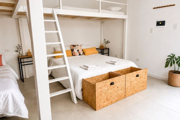 Habitación acogedora con cama matrimonial, revestida en madera y con piso de cerámico gris clarito. Cuenta con calefacción, luz natural y vista a patio interno. Tiene un entrepiso metálico y unas cajoneras cerca del pie de cama.